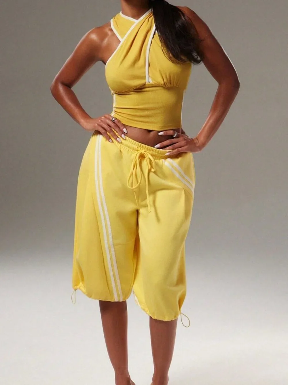 Yellow Casual Women's Shorts with Jogger Detail, Striped Tie-Elastic Waistband